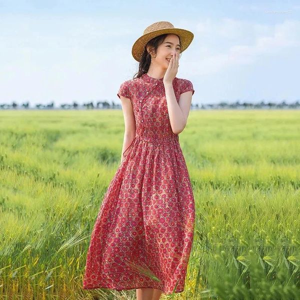 Abiti per feste Red Stampa Midi Dress Women 2024 Summer in stile cinese Casualmente Bodycon Elegant Vestidos Short Short Maniche