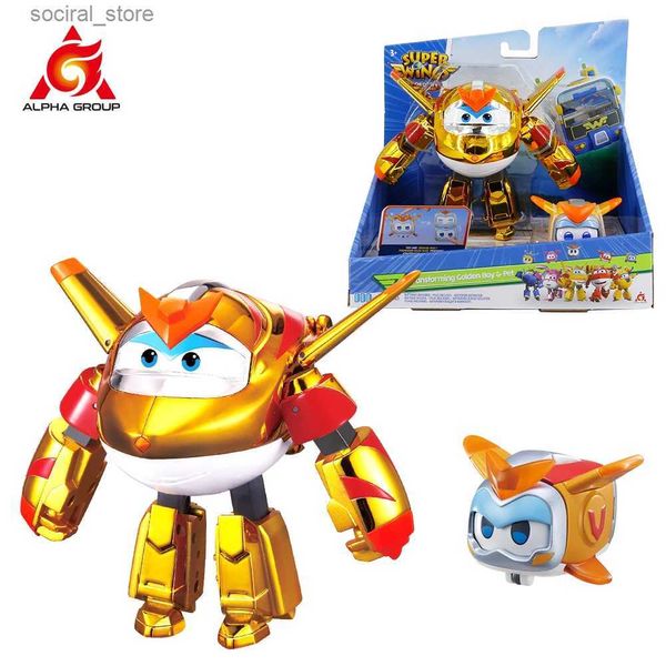 Figuras de brinquedo de ação Super Wings 2-Pack Conjunto 5 polegadas Golden Boy Transforming Robot do avião em 10 etapas + Pet com figuras de ação leve Kid Toys L240402