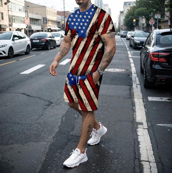 Erkek Trailtsits Yaz 3d Ulusal Bayrak Baskı Retro Yaratıcı Gevşek Fitting Spor Giyim Kısa Kollu Tişört Şort 2 Parçalı Spor Seti