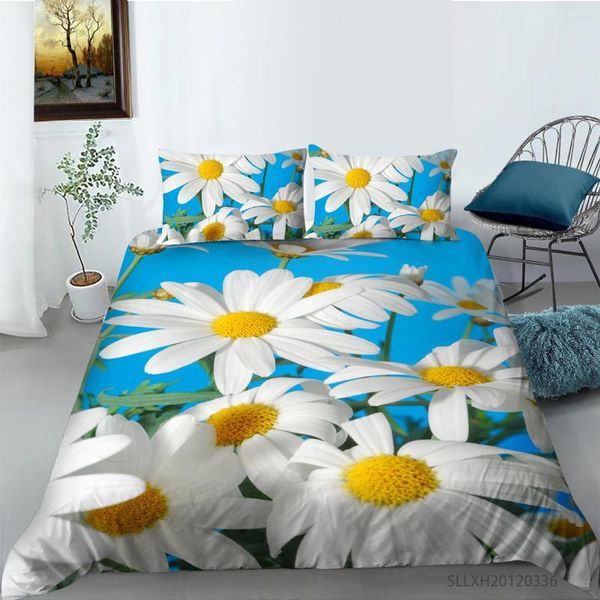 Yatak takımları güzel beyaz papatya baskı nevresim nevresim basit mavi renk seti kral yatak ev dekor 2/3 adet