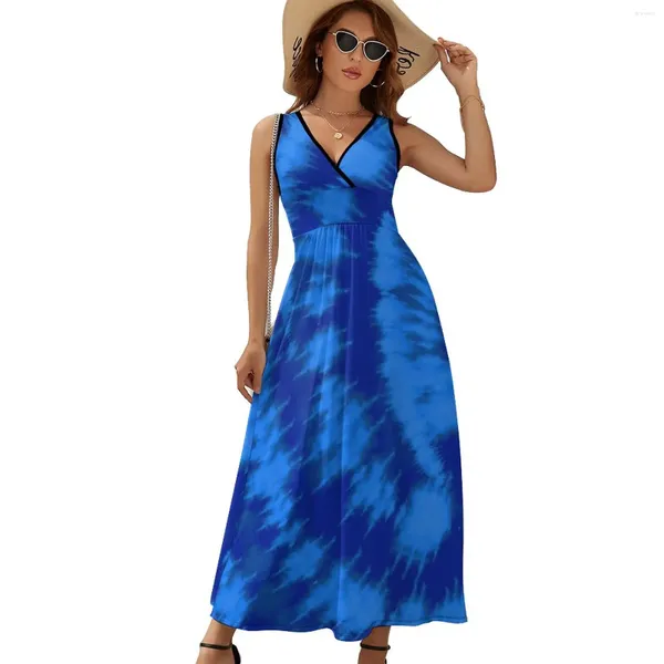 Lässige Kleider blaue Wirbelkrawatte Dye Kleid Mitternacht und Aqua Vintage Sexy Maxi Street Böhmen lange weibliche weibliche Taille Kleidung