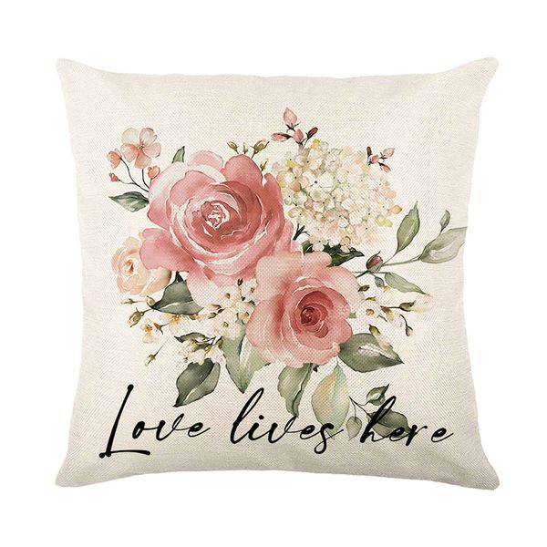 Spring Rose Alphabet Pillow Plants verde Flores Pounhas Decoração Cadeira de sofá em casa 18x18 polegadas