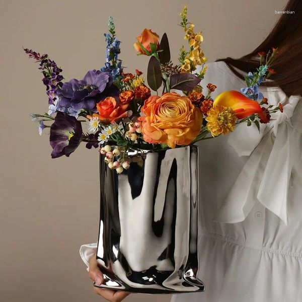 Vasi soggiorno Luce di lusso Creativo Elettroplande Silver Ceramic Flower Art Shop El Home Decor
