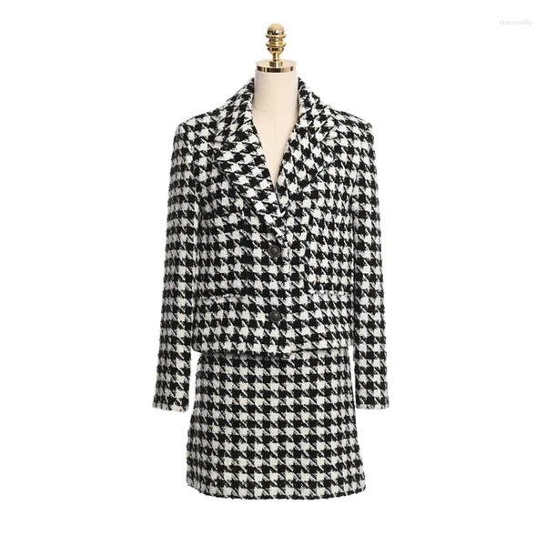 Arbeitskleider 2024 Winter Frau Tweed Wolle Anzug Kleidung Frauen modische Single Breastted Houndstooth Jacket Mantel Minirock Set Herbst Outfits