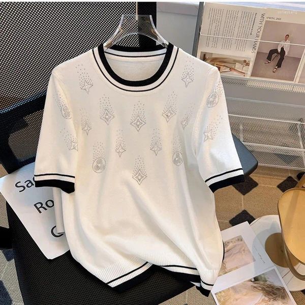 Frauen T-Shirts Kleidung 2024 Sommer Mode Strass elegant Kurzarm Ice Seide T-Shirts Ladies Casual O Hals Slim Fit Basic Tops