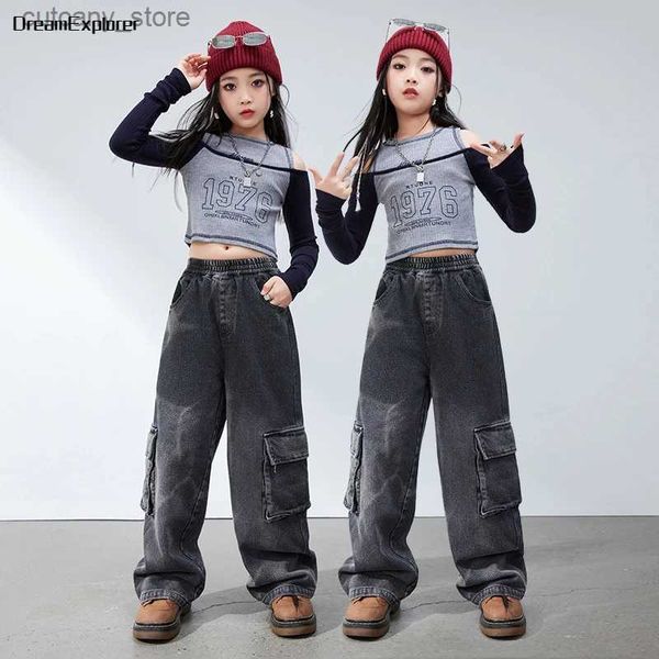 Pantaloni Hip Hop Girls Off spalla Crop Top Street Dance Sliose Cargo Jeans Baby Streetwear Denim pantaloni Set di vestiti per bambini Costumi jazz L46