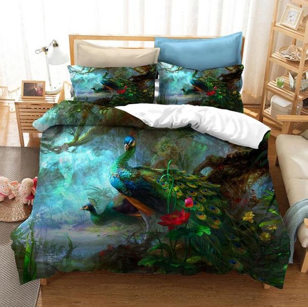 Set di biancheria da letto Serie animali 3D Stampa 3D Peacock Lion Dog Set copripiumini Coperture Filledcase Cucolo da letto con pioggia Lina