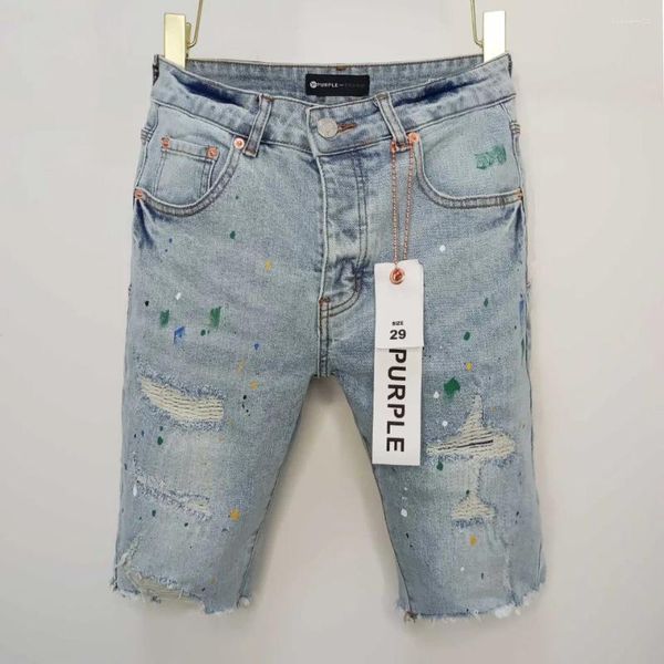 Shorts masculinos da marca roxa jeans high street mass de jeans de hip hop com orifícios reparam calças skinny de baixo aumento