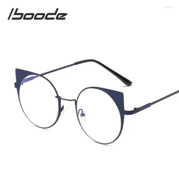 Güneş gözlüğü çerçeveleri iboode marka tasarımı yuvarlak metal gözlükler çerçeve kedi kulakları dekoratif kadın gözlükler temiz lens optik gözlükler A44