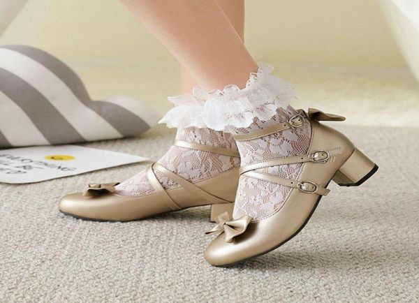 Sandálias doces lolita princesa Mary Janes Sapatos Branco Pink Bowtie Ruffles Escola de uniforme para meninas Mid Heel Black Punk Lace2899517