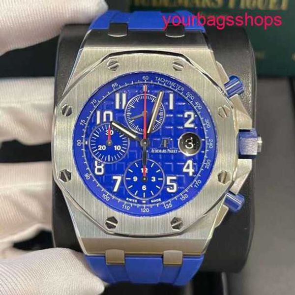 Classic AP Wrist Watch Royal Oak Offshore Series 26470ST Elite Blue Dial com Transparent Back for Men Timing Fashion Leisure Business Sports Mechanical Wrist Watch
