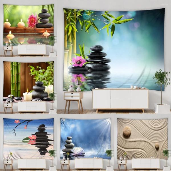 Wandteppiche Zen thematisch Wandteppich Buddhist Stein Grün Grüne Bambus Blume Wüste Kerze Haus Garten Wand hängende dekorative Kunst Live Room Wandgemälde