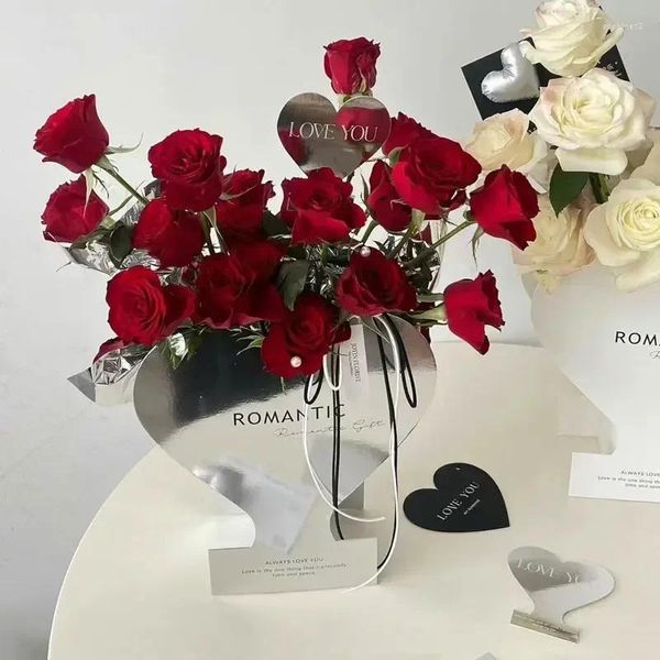 Geschenkverpackung 5pcs Valentinstag Blumenbox herzförmiger Spiegel tragbarer Rosenverpackungsgeschäft Blumenstraußboxen für Hochzeit