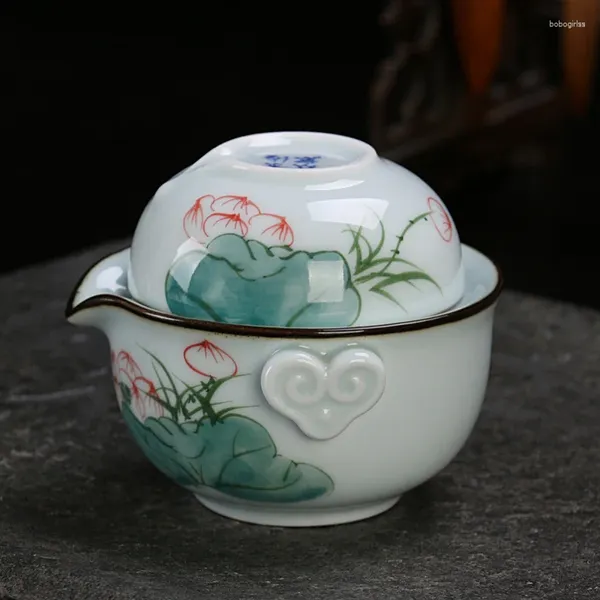 Cups Saucers Celadon Hand bemalt tragbare Teekannen Keramikgetränk Tee Set 1 Topf handgefertigt chinesische Deckungsschale