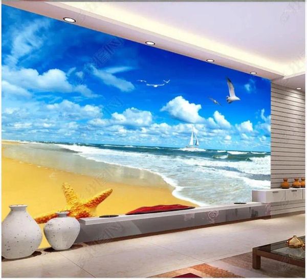 Papel de parede de parede PO personalizado para paredes 3D Mural Mediterrâneo cenário do mar azul céu nuvens brancas pintura decorativa TV Parede de fundo