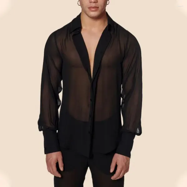 Herren lässige Hemden stilvoller Streetwear Schwarzes Mesh Durchsichtshemd mit langen Ärmeln V-Ausschnitt sexy einzelne Bluse für Party Männer