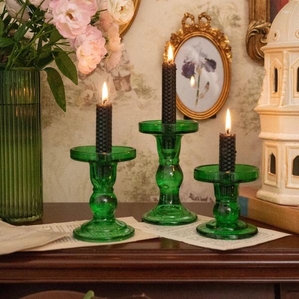 Titulares de velas Personalidade retrô Porta de vidro verde Decoração da sala de estar Ornamentos de lojas de tiro de adereços