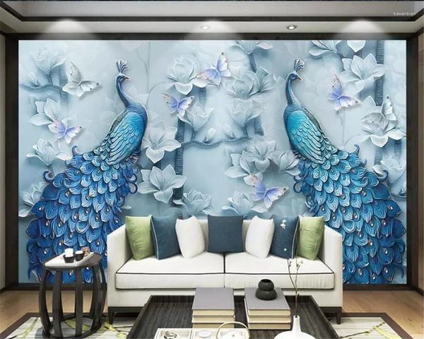 Papéis de parede Wellyu papel de parede personalizado 3d Modern Chinese Oil Pintura a óleo Magnolia pavão tv Background Wall Decorativo