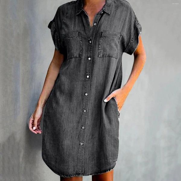 Vestidos casuais Button Down Summer Denim Sirts Dress Dress Women's Cowboy Style Mini Manga curta 2024 com bolsos