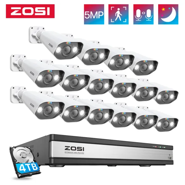 System Zosi Poe Camera Camera System 5MP Spotlight IP Camera Kit H.265 8MP 4K 16CH NVR 2 Way Audio Outdoor Video Sharbveillance