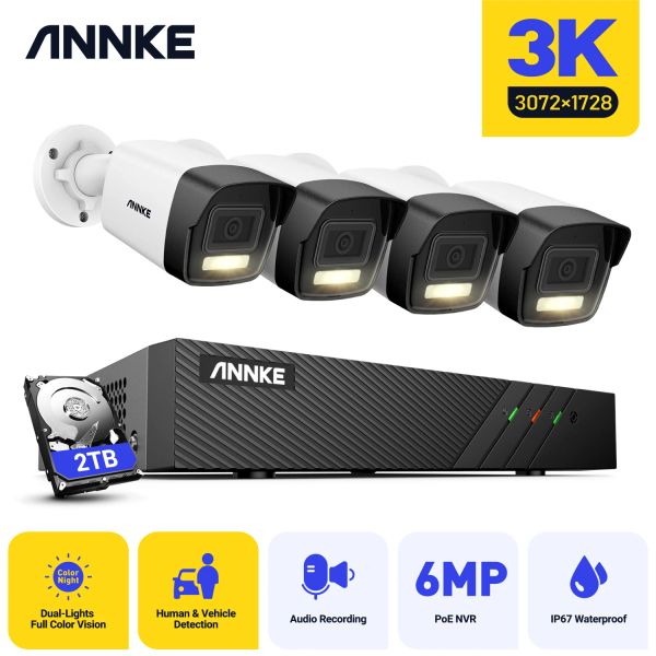 Sistema Annke 8CH 6MP NVR Audio Doppia Audio Fissato Camera da proiettile fissa Rilevamento di veicoli umani Camera di sicurezza IP HD POE CCTV Video sorveglianza