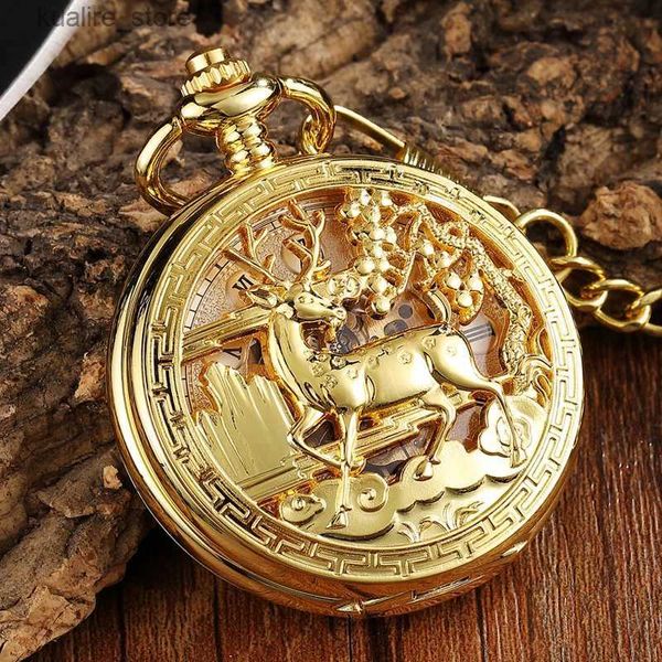 Pocket Watches Luxury Deer Mechanical Pocket Golden Bronze Goat Hollow Chain Box Pacote Homens Mulheres para Presente de Natal L240402