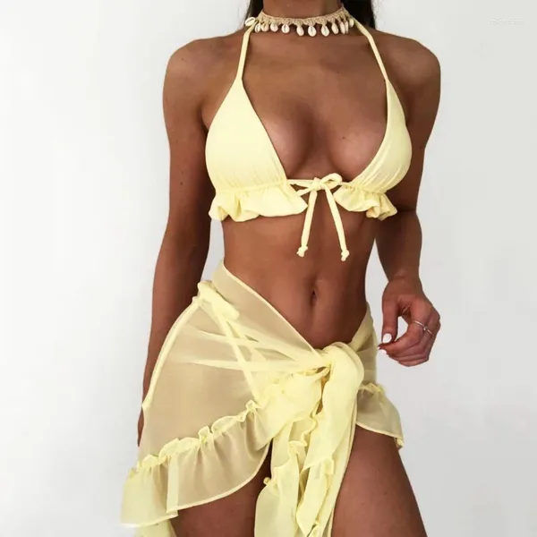 Frauen Badebekleidung 2024 3 Stück Set Badeanzug Frauen Tanga sexy Rüschennetz Micro Bikini mit Rockgelb Beachbekleidung Badeanzug