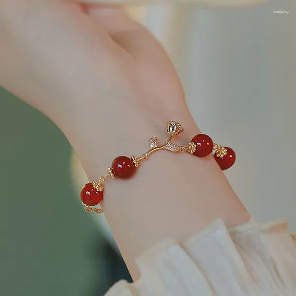 Strand koreanischer Stil Leicht Luxus Rose Charme Armbänder Modekette Romantische rote Perlen Strassgrang für Frauen Hochzeit Schmuck Geschenk