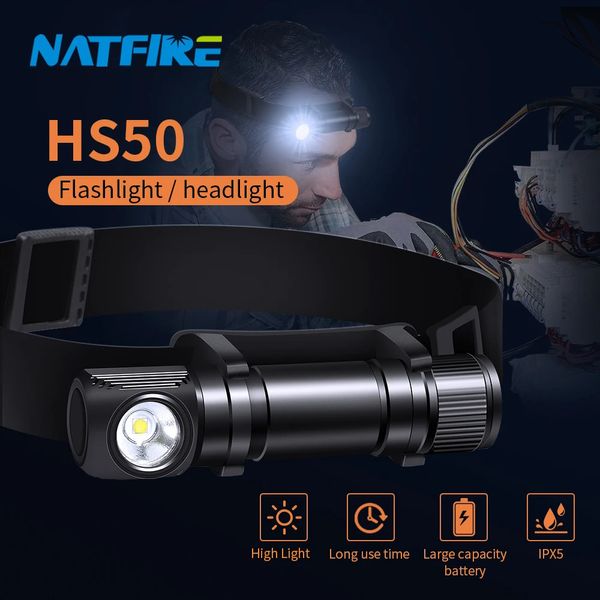 Natfire HS50 Scheinwerfer LED EDC 18650 Wiederaufladbar USB C -Scheinwerfer 1000 lm helle Outdoor -Fischereiendrampe mit Magnet Tail Cap240325