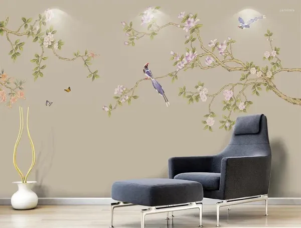 Papéis de parede papel de parede para paredes 3 D Sala de estar em estilo chinês pintado à mão Magnolia Bird Flor Background Wall Pintura