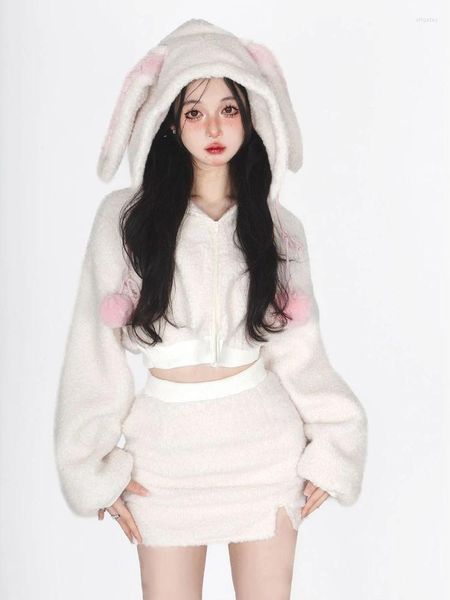 İş Elbiseleri 2024 Bahar Beyaz Kawaii 2 Parça Etek Seti Kadınlar Sıradan Sevimli Kapüşonlu Top Y2K Tatlı Mini Japon Moda Takım
