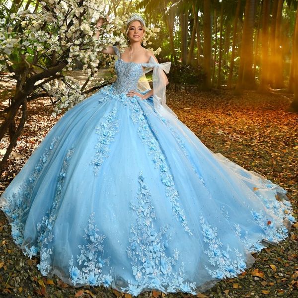 Himmelblau glänzender Prinzessin Spitze 3d Blumen Quinceanera Kleid für Mädchen fegen Zug von Schulter formelles Kleid Vestidos 15 de Ball Kleid
