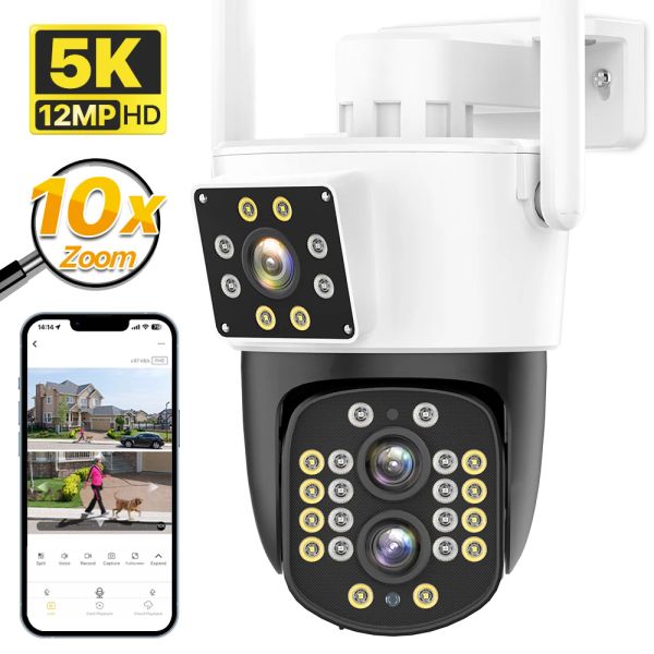 Kameras 5k HD WiFi IP -Kamera 12MP Outdoor 10x Hybrid Zoom PTZ Camera 4k Drei Objektiv Dual Screen Security Cam Auto Tracking Überwachung