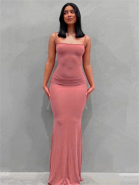 WseVypo Spaghetti Cingcio Bodycon Long Dress Long Women Sleeveless Fish Wated Coil Solid Color Club Streetwear 240323