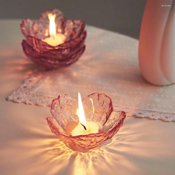 Titulares de vela Creative Pink Flower Solder Modern Glass Candlestick Crafts Home Decoration Table Decor Decor Recipiente de Cristal