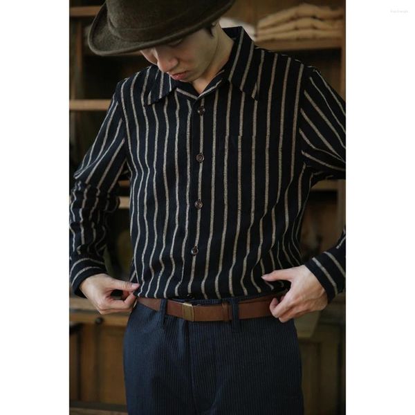 Camisas casuais masculinas Bob dong estilo retro camisa de acampamento de colarinho cubano lazer listrado para homens pretos