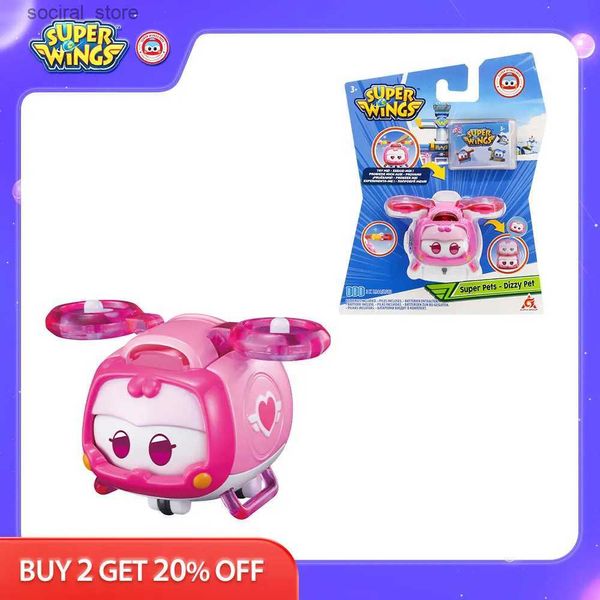 Figuras de brinquedo de ação Super Wings Super Pets Push Button Para mudar expressões com luzes REAIS REAIS Figuras de ação Toys infantil empilháveis Presentes de criança L240402