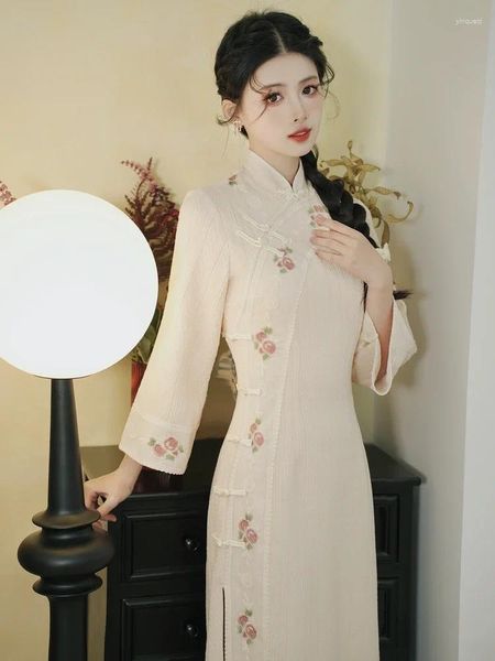 Vestidos casuais estilo chinês retro cheongsam para mulheres de alta qualidade flor bordado qipao elegante vestido de malha de pelúcia vintage de primavera