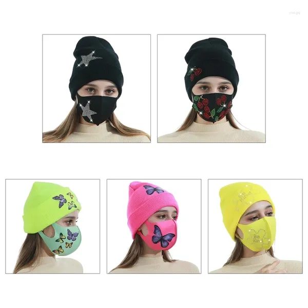 Boinas unissex 2pcs chapéu de gorro de cores sólidas e máscara de seda à prova de poeira Conjunto de máscara de face Glitter para strassle