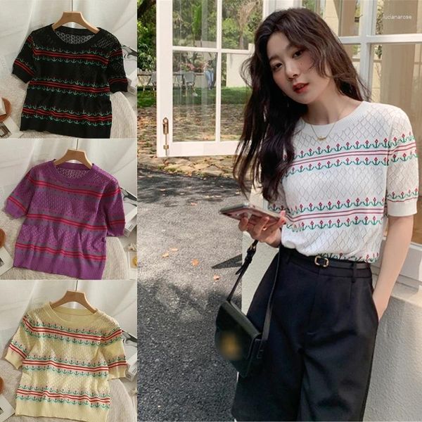 Kadın Tişörtleri Kadınlar Sıradan Gevşek Örgü Tişört Kısa Kollu Çiçek Jacquard Sweater Tops