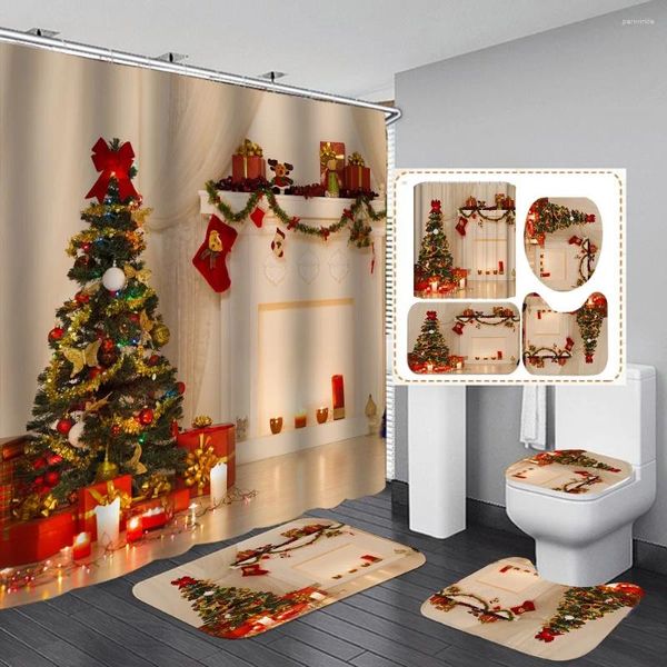 Duschvorhänge Weihnachtsbaum Badezimmer Vorhang Set Geschenk Jahr Dekoration Nicht-Schlupfteppichbades Matte Toilettensitz Abdeckung