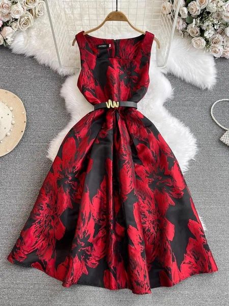 Lässige Kleider Designer Runway Jacquard Kleid Frauen ärmellose Panzer O Hals Urlaub Floral Print Gürtelkleid Lange Robe Vestidos