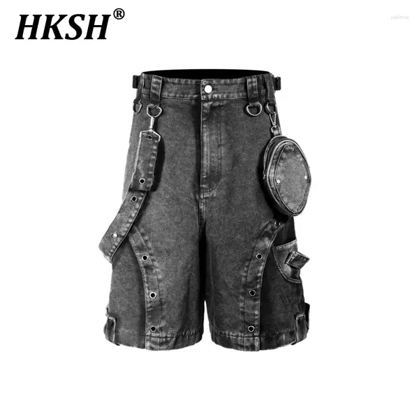 Erkek şort hksh bahar yaz ağır sanayi yıkama vintage 3d bel cebleri kayış pantolon gündelik punk tide capris hk0805