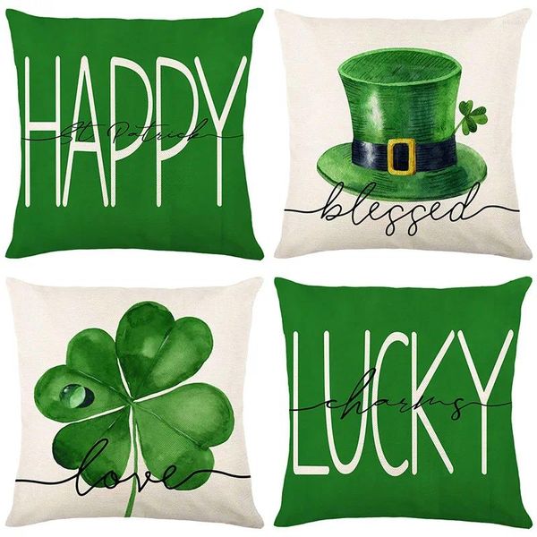 Yastık Happy St. Patrick Shamrock Lucky Aşk Yeşil Şapka Kapağı İskandinav İrlanda Tarzı Ev Dekoratif Keten Kılıf
