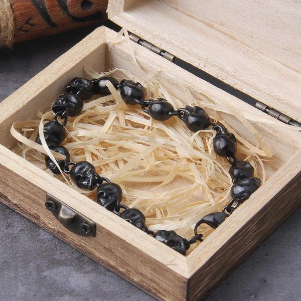 Strand Gun Black Vintage Full Acciaio inossidabile Skull Bracciale in perline per uomini Braccialetti Imballaggio gotico By Wooden Box come regalo