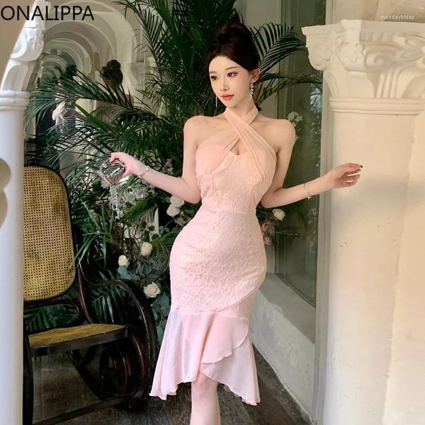 Lässige Kleider Onalippa Chiffon Mesh Rüschen rosa Kleid Pure Desire Windhänge Hals Fischschwanz Hüfte trägerloses florales süßes sexy vestidos