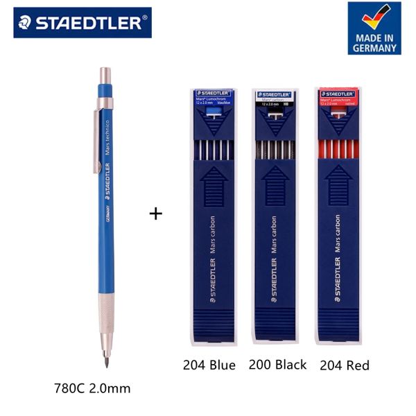 Bleistifte Staedtler 780c Mechanical Bleistift 2,0 mm Mars Carbon Blei Nachfüllstifte Bleihalter 1pc und 3x Carbon -Leitfaden blau, schwarz, rot