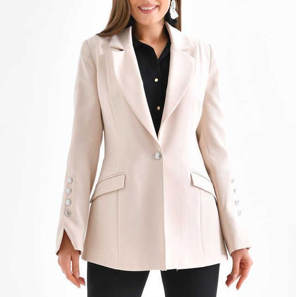 Türkische Qualität langer beige Frauen Blazer Jacke vorne Knopf Schläfrigkeiten Taschen Spezialer stilvoller Mantel für elegante Kleidung