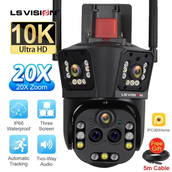 Kameras Ls Vision 10k UHD WiFi IP -Kamera Outdoor 20x Optical Zoom Auto Tracking 6K PTZ Fünf Objektiv drei Bildschirm Wasserdichte Überwachungskamera