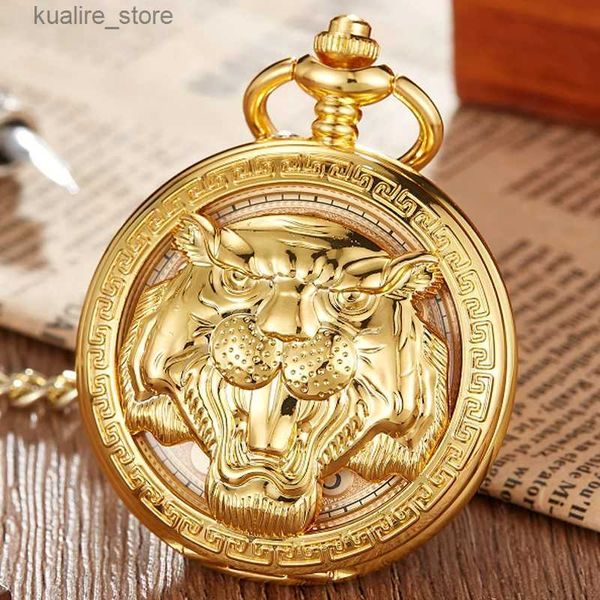 Pocket Watches Chinese Zodiac Tiger Vintage Edelstahl Handwind Mechanische Taschenmänner Analoges Skelett Männer Kette Halskette L240402